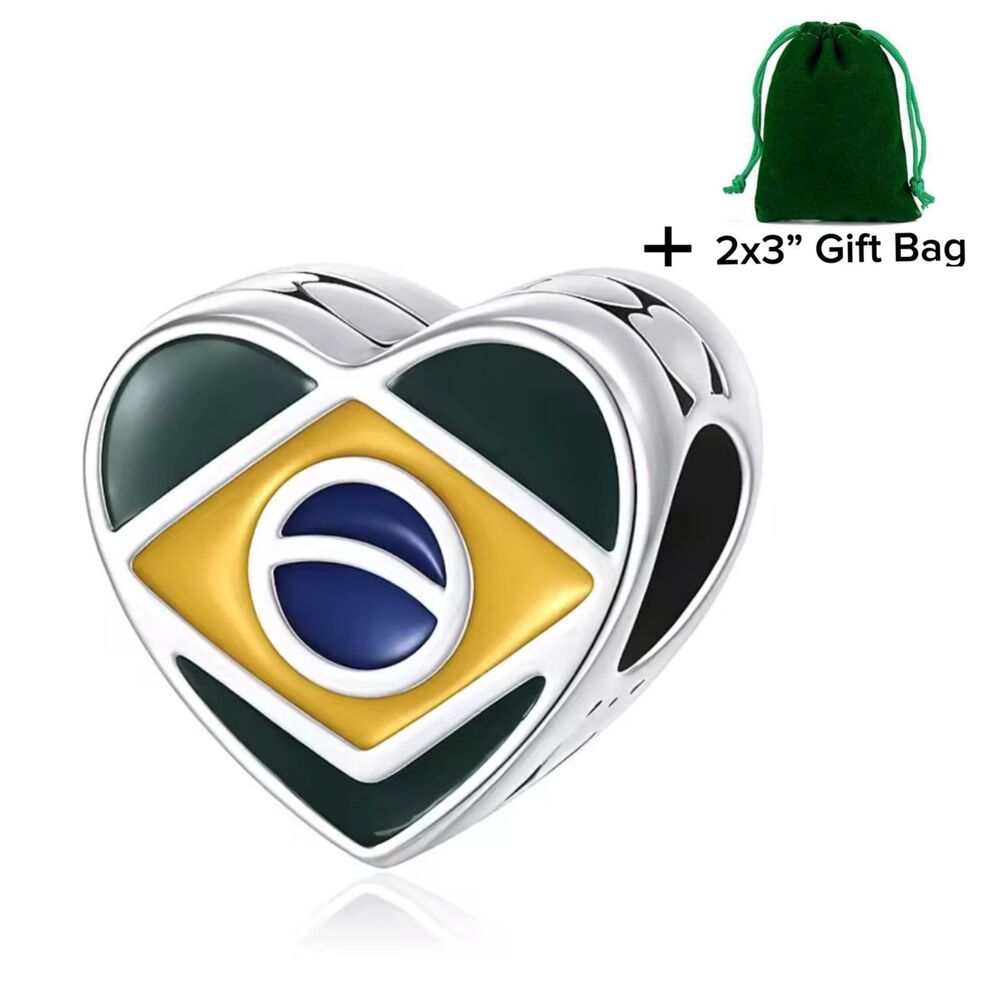 Brazil Flag Heart Charm Bead | 925 Silver | Brand New